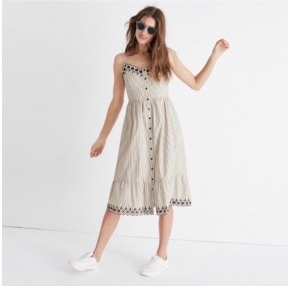 Madewell Dresses & Skirts - Madewell Jardin Embroidered Button Front Midi Dress Stripe Eyelet Blue White 4